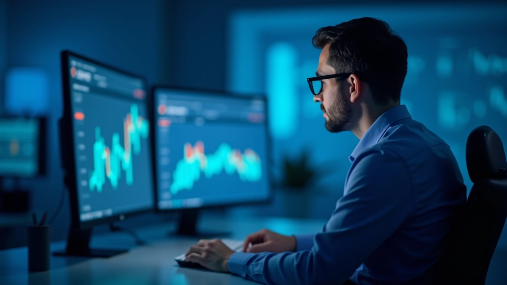 Analista che studia grafici di trading su monitor multipli in ufficio moderno, con dati in tempo reale sullo schermo