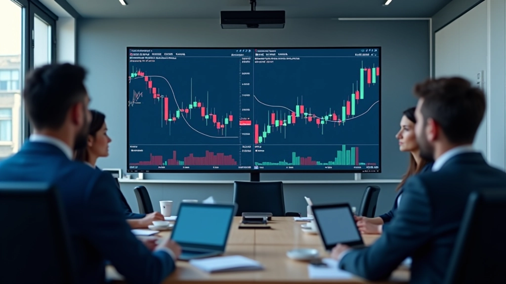Aula di formazione moderna con esperti che discutono analisi tecnica e grafici di mercato in tempo reale