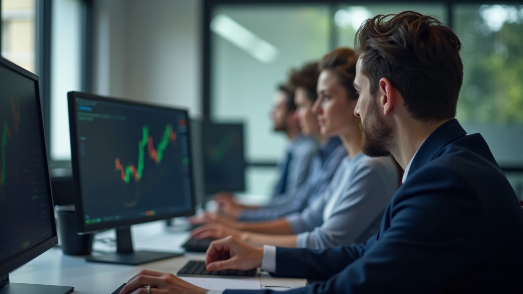 Ufficio moderno con team che lavora su analisi di mercato, computer e grafici sugli schermi