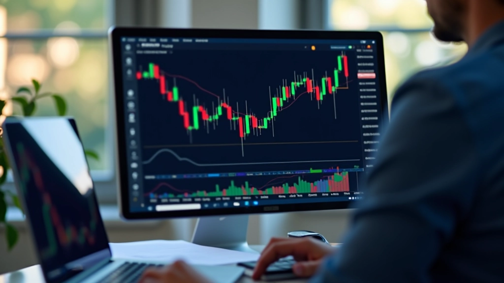 Grafico di trading con candele giapponesi colorate su monitor professionale, analisi tecnica in tempo reale